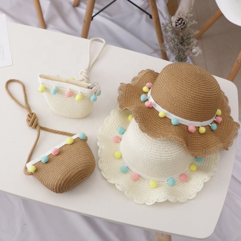 Beach Hat Set Factory - Pompom Ball Chic Straw Hat Bag for Kids