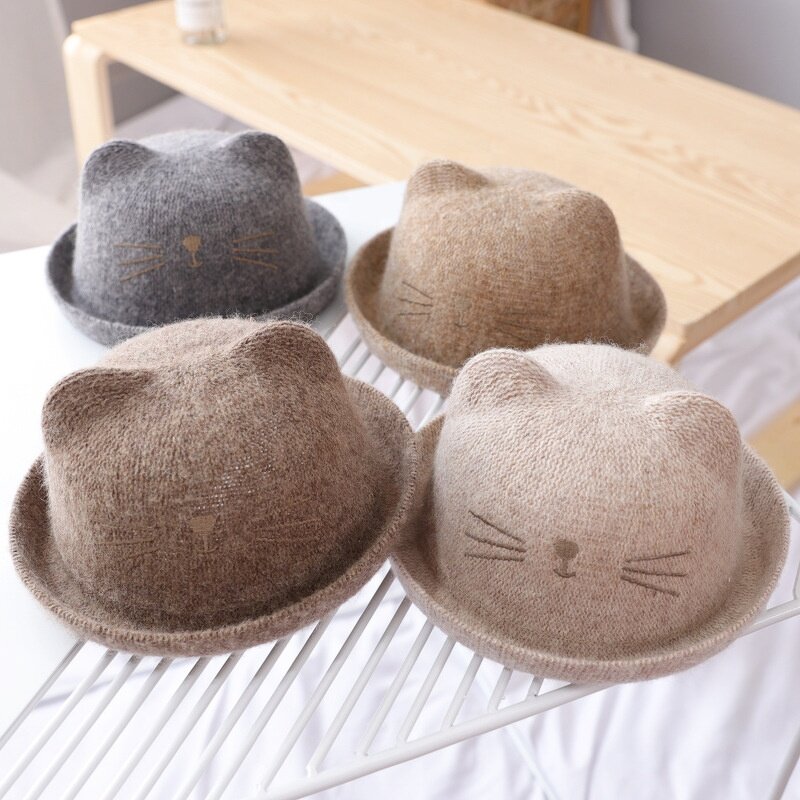 Bowler Hat Factory - Cute Derby Cat Ear Wool Roll-up Brim Hat