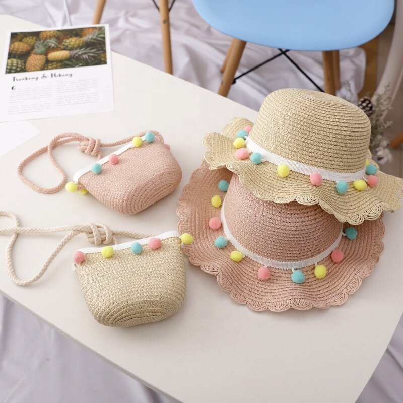 Beach Hat Set Factory - Pompom Ball Chic Straw Hat Bag for Kids
