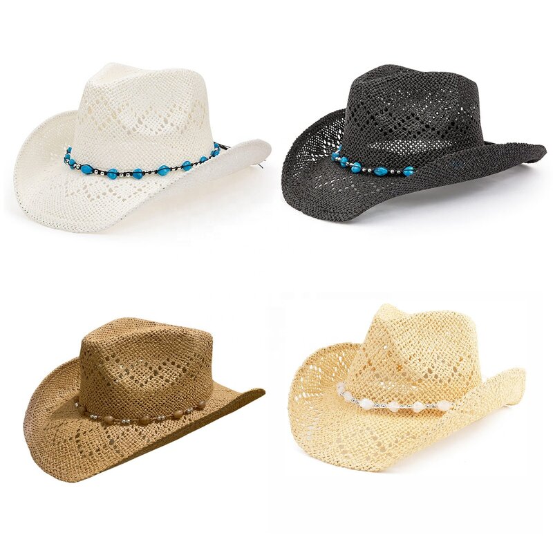 Straw Cowboy Hat Factory - Fashionable Beaded Trim Adjustable Chin Strap