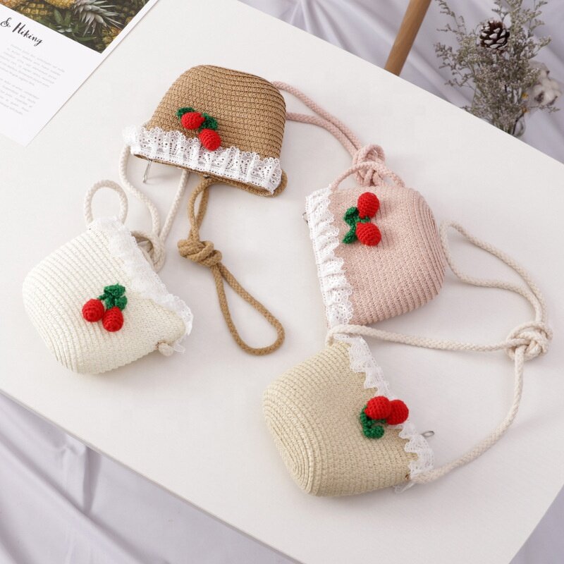 Straw Hat Set Manufacturer - Beach Bucket Cherry Bag Children Sun Hat