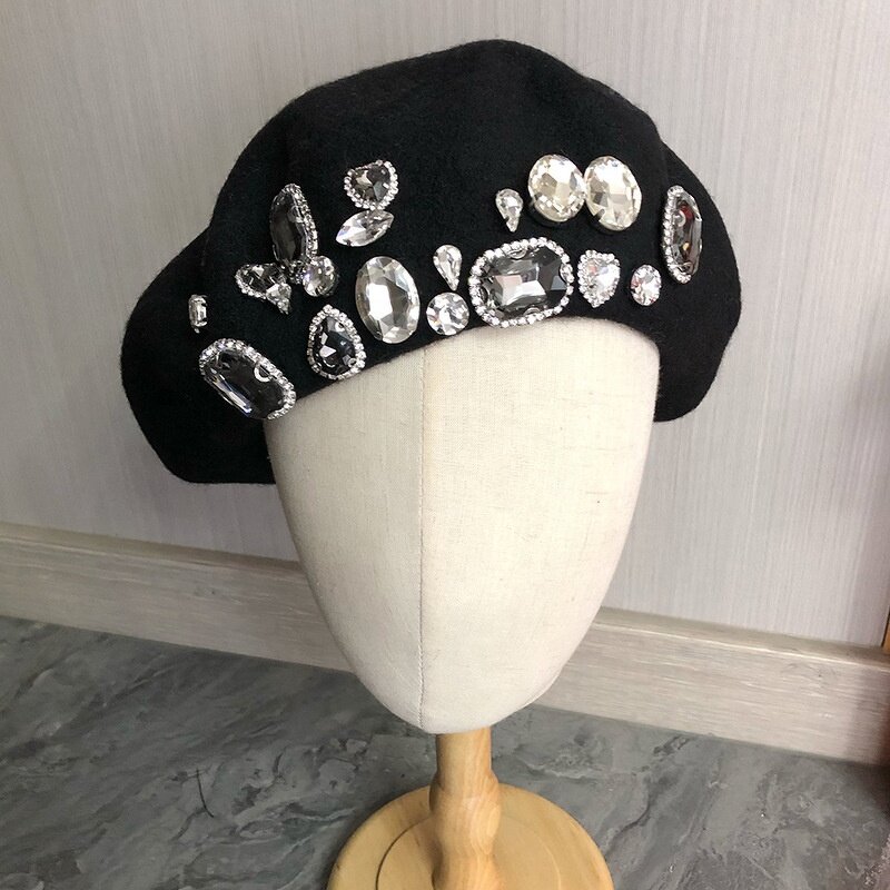 Korean Beret Factory - Rhinestone Fashion Navy Blue Pink Cap