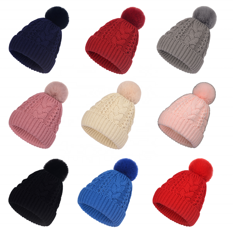 Winter Hat Factory - Woolen Faux Fur Pompoms Velvet Knitted Hat