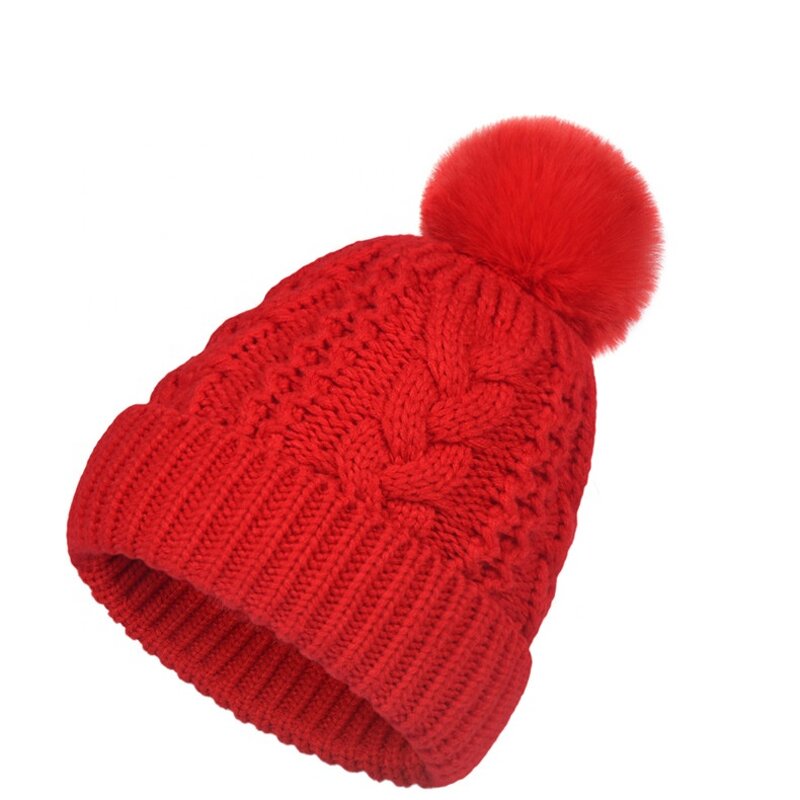 Winter Hat Factory - Woolen Faux Fur Pompoms Velvet Knitted Hat