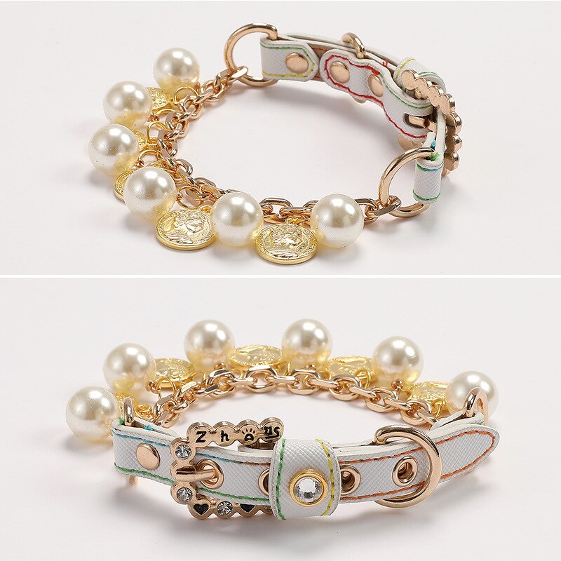 Pet Necklace Manufacturer - Luxury Lace Synthetic Leather Pearl Decor