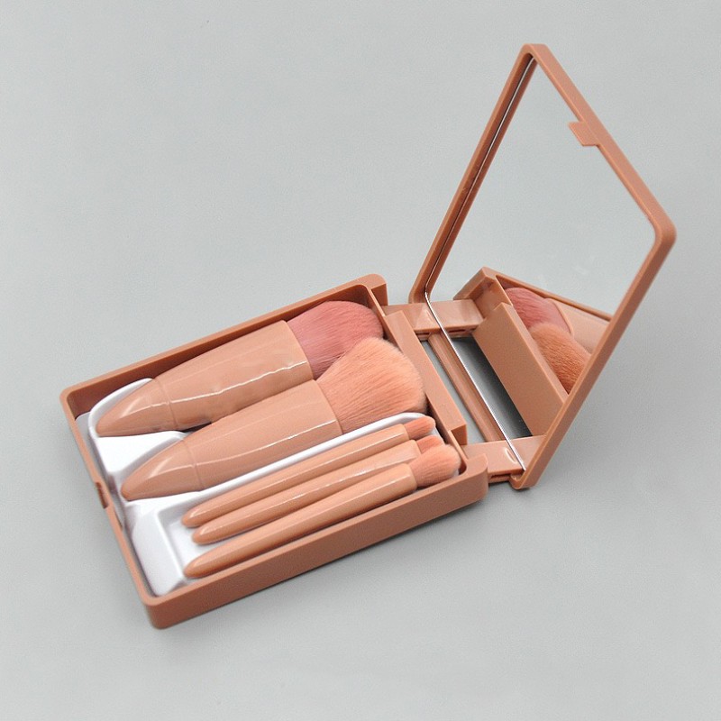 Makeup Brush Set Factory - Boxed 5pcs Pink Travel Size with Mirror