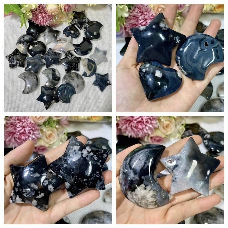 Crystal Carving Factory - Black Flower Agate Moon Star Stone