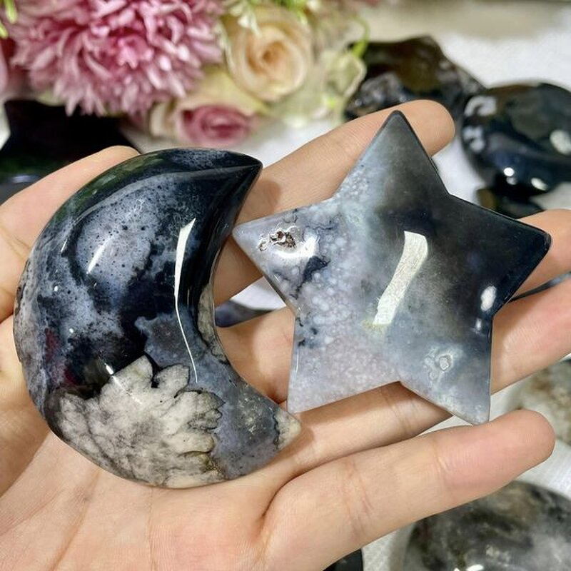 Crystal Carving Factory - Black Flower Agate Moon Star Stone