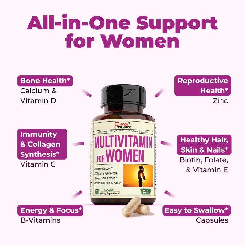 Womens Multivitamin and Multimineral Supplement Energy Mood Hair Skin Nails Daily Multivitamins a B C D E Zinc Calcium More