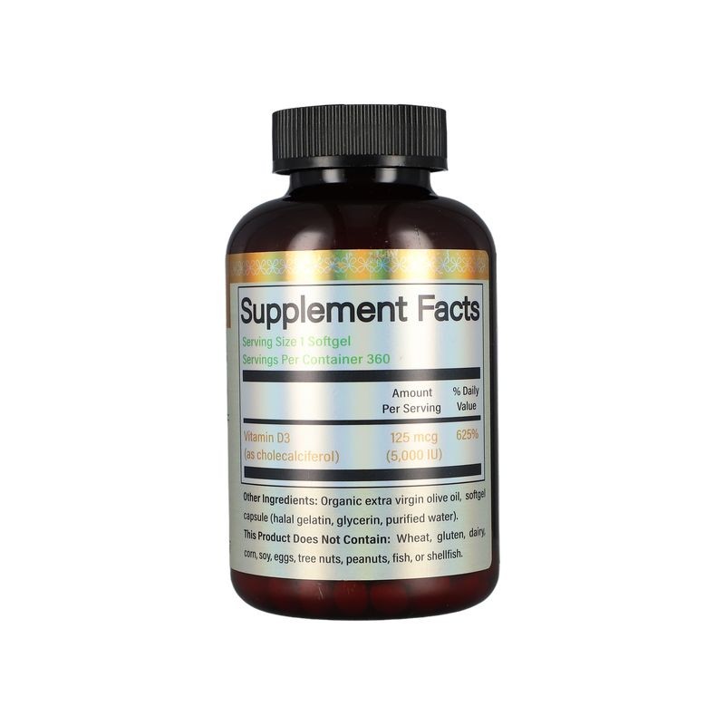 Vitamin D3 5000 IU (125mcg) Softgels for Daily Bone Support, Immune Function, and Muscle Health | 360 High Potency Capsules