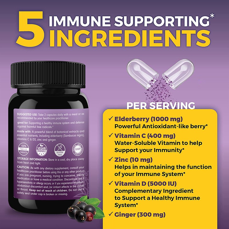 Sambucus Black Elderberry Capsules  with Vitamin C & Zinc,  Immune Support  Supplement,120Capsules Herbal Supplement