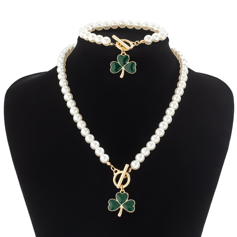 Jewelry Set Factory - Luxury Green Clover Pearl Necklace Set