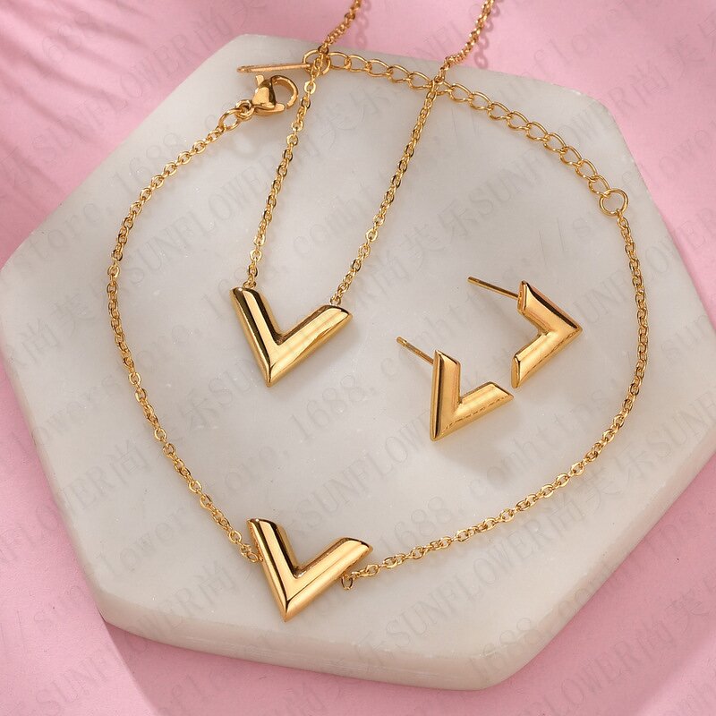 Jewelry Set Factory - Women V-Shaped Letter Necklace Earrings Set