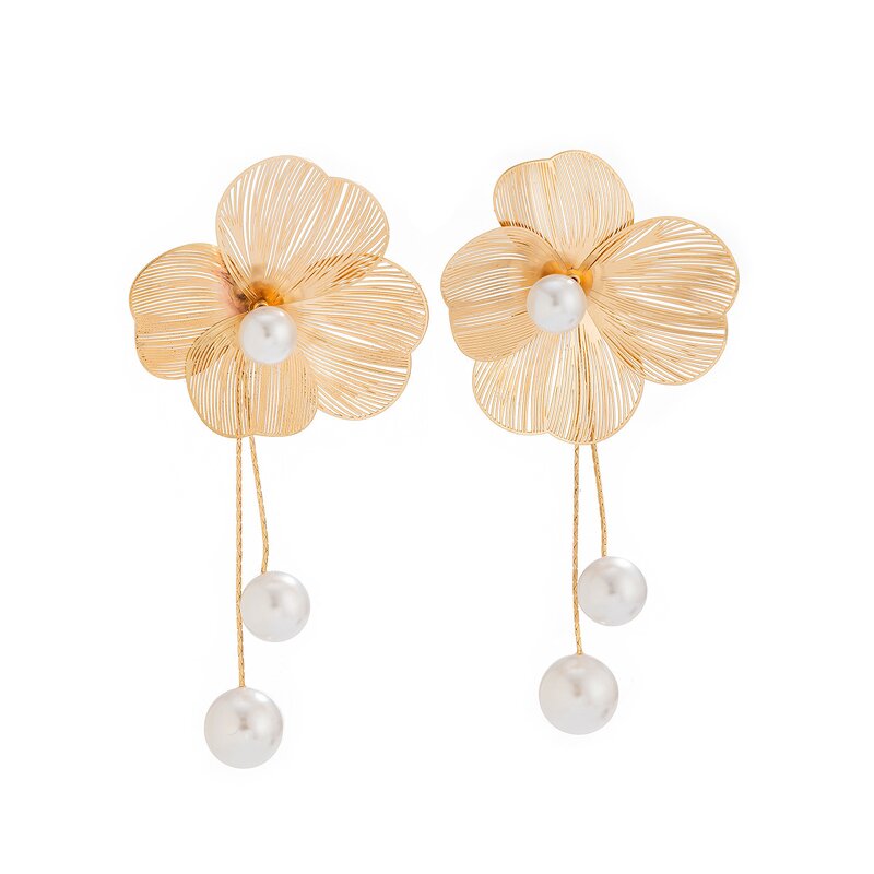 Earrings Factory - Long Fringe Pearl Hollow Flower Bohemian