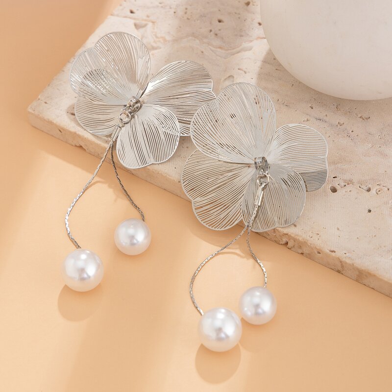 Earrings Factory - Long Fringe Pearl Hollow Flower Bohemian