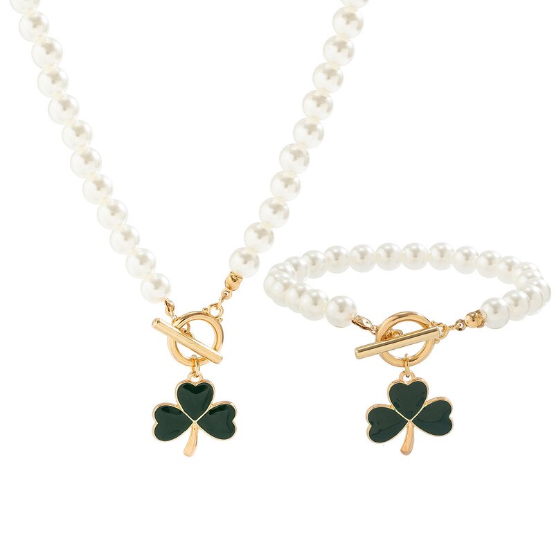 Jewelry Set Factory - Luxury Green Clover Pearl Necklace Set