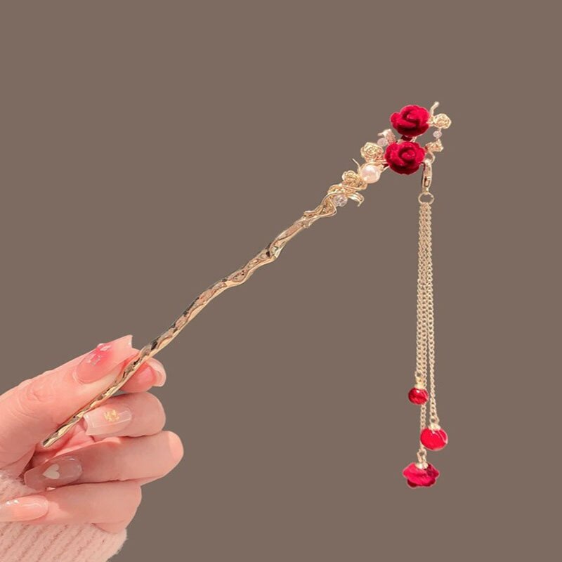 Hair Sticks Factory - Vintage Rose Flower Tassel Hair Chopsticks