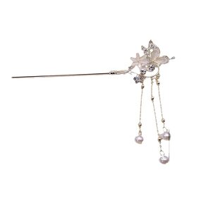Hairpin Factory - Rhinestone Cat Eye Butterfly Pearl Chopstick