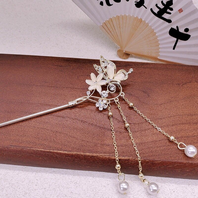 Hairpin Factory - Rhinestone Cat Eye Butterfly Pearl Chopstick
