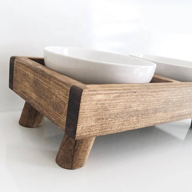 Cat Dog Feeder Factory - Elevated Wooden Double Bowl with Stand