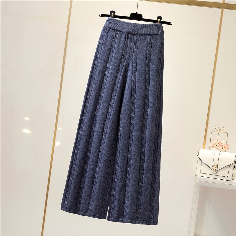 Pants Factory - Women High Waist Loose Leg Cable Knit Elastic
