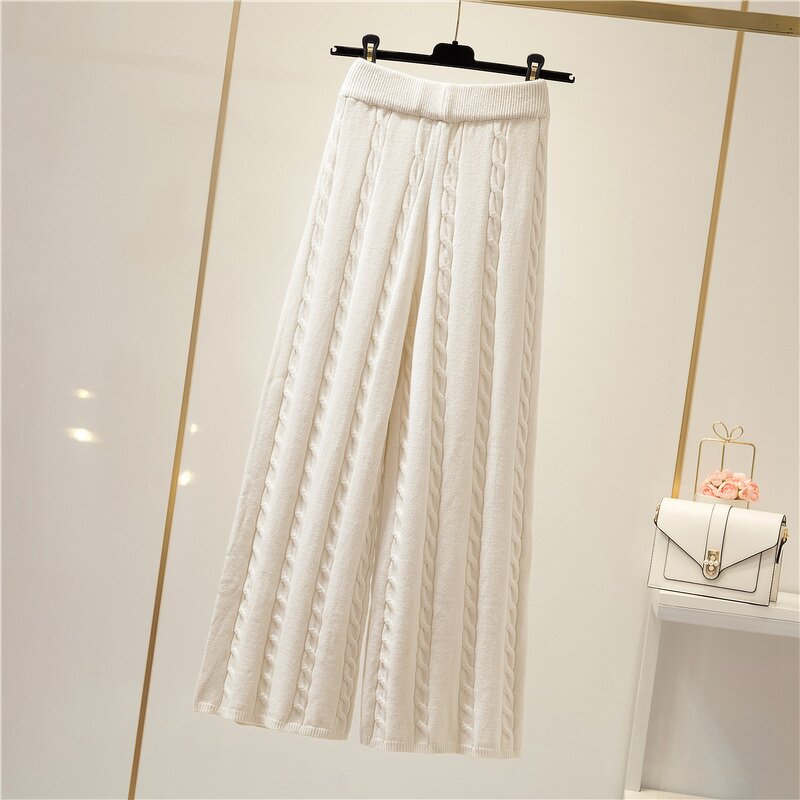 Pants Factory - Women High Waist Loose Leg Cable Knit Elastic