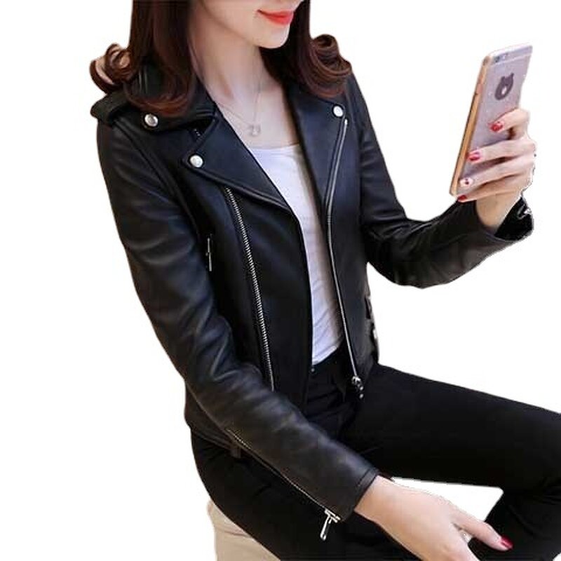 Leather Jacket Factory - Women's PU Short Slim Motorcycle Coat