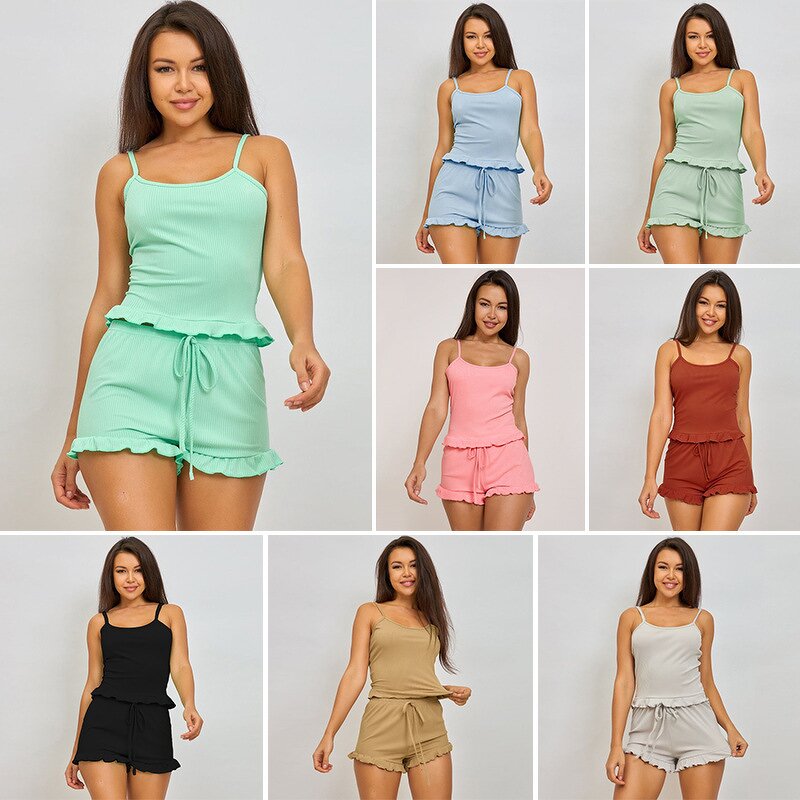 Pajamas Set Factory - Women Summer Spaghetti Strap Crop Top Set