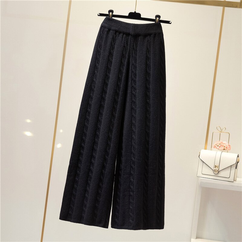 Pants Factory - Women High Waist Loose Leg Cable Knit Elastic