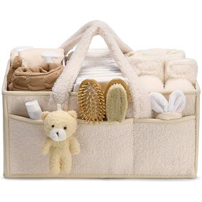 Diaper Caddy Factory - Soft Beige Plush Baby with Bear Pendant