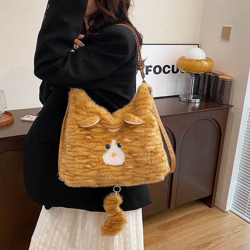 Shoulder Bag Factory - Cute Faux Fur Cat Large Capacity Tote Handbag