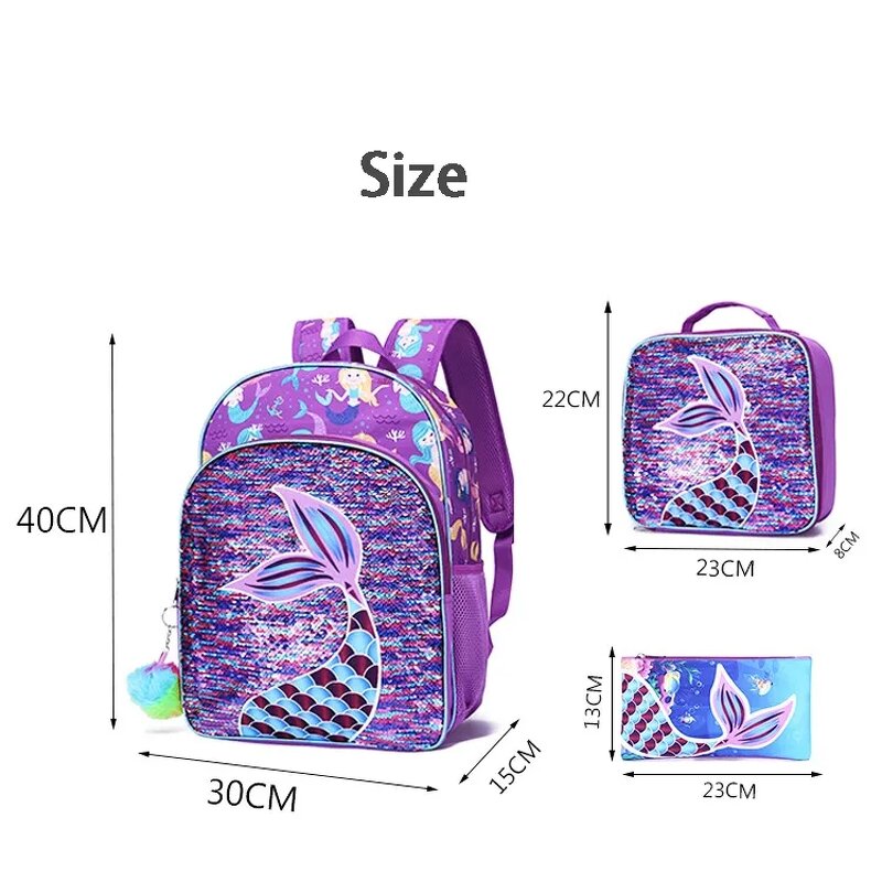 Backpack Set Factory - Girls Purple Sequin Mermaid 3-Piece OEM Set