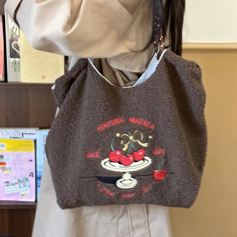 Tote Bag Factory - Autumn Winter Women's Lamb Fleece Cute Cherry Plush