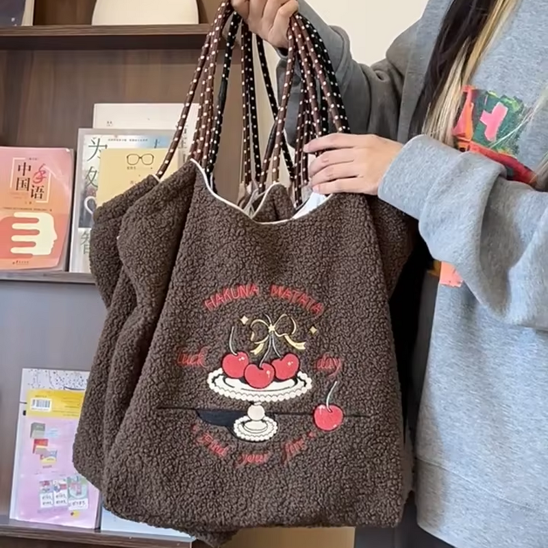 Tote Bag Factory - Autumn Winter Women's Lamb Fleece Cute Cherry Plush