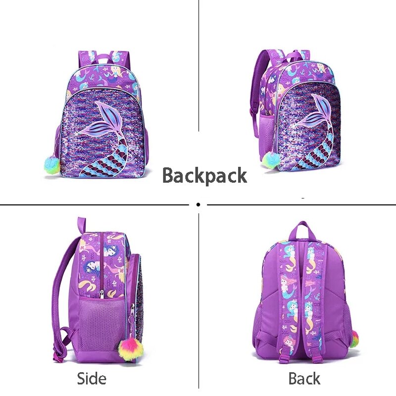 Backpack Set Factory - Girls Purple Sequin Mermaid 3-Piece OEM Set