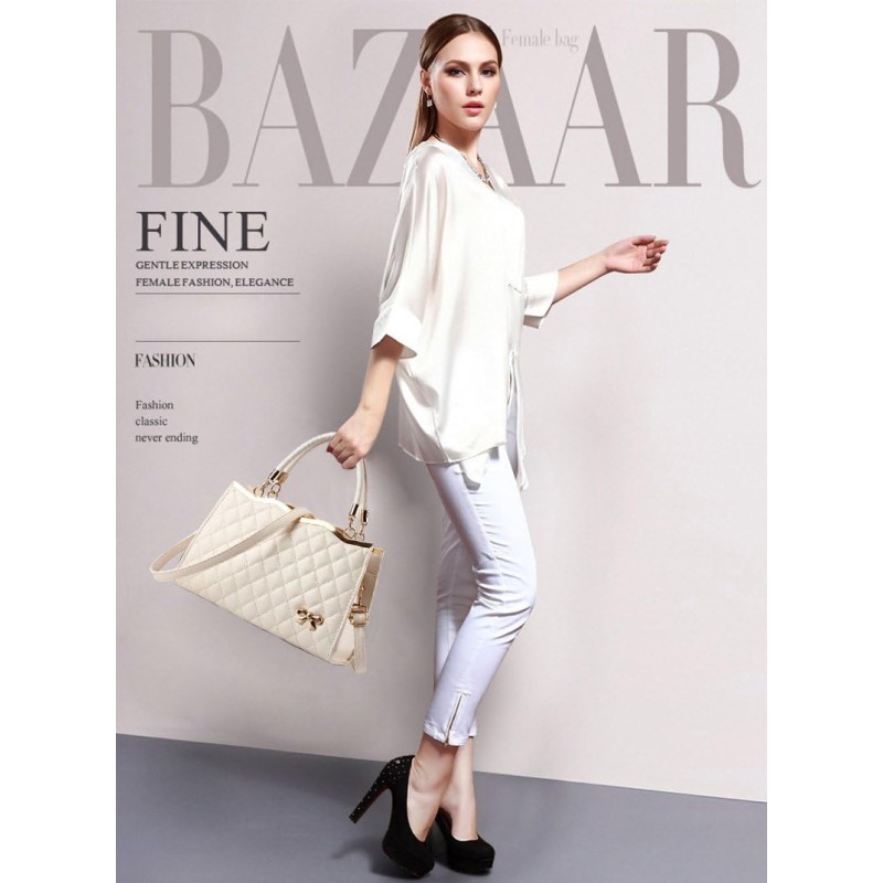 Handbag Factory - Elegant White Quilted Bow Top Handle Crossbody