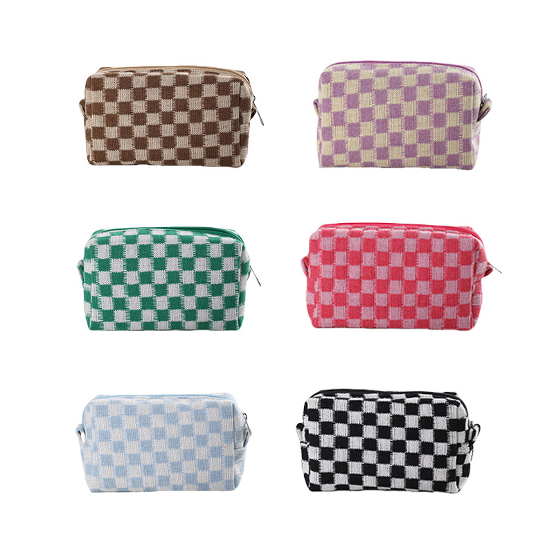 Makeup Bag Factory - Large Capacity Checkered Knitted Polyester