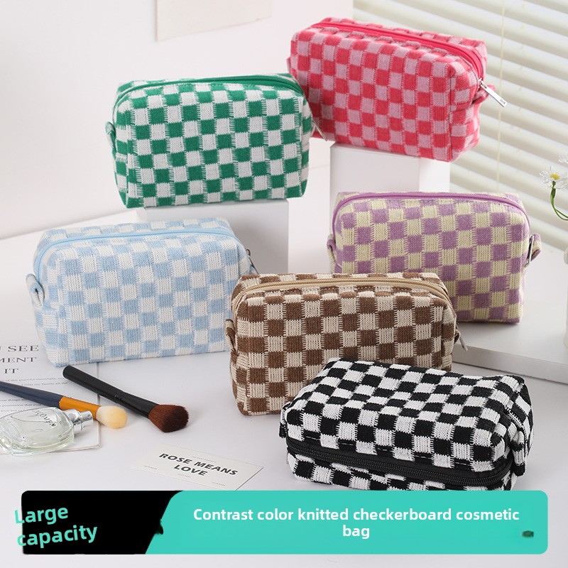 Makeup Bag Factory - Large Capacity Checkered Knitted Polyester