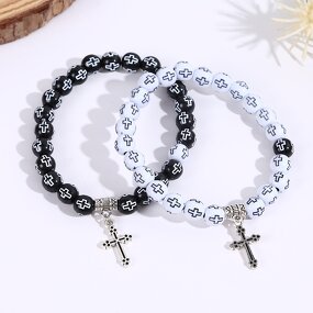 Bracelet Factory - Popular Couple Black White Cross Pendant Beaded