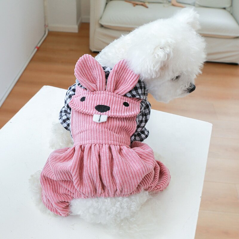 Dog Clothes Manufacturer - OEM/ODM Cute Pink Rabbit Plaid Striped Jumpsuit