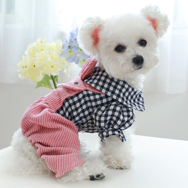 Dog Clothes Manufacturer - OEM/ODM Cute Pink Rabbit Plaid Striped Jumpsuit
