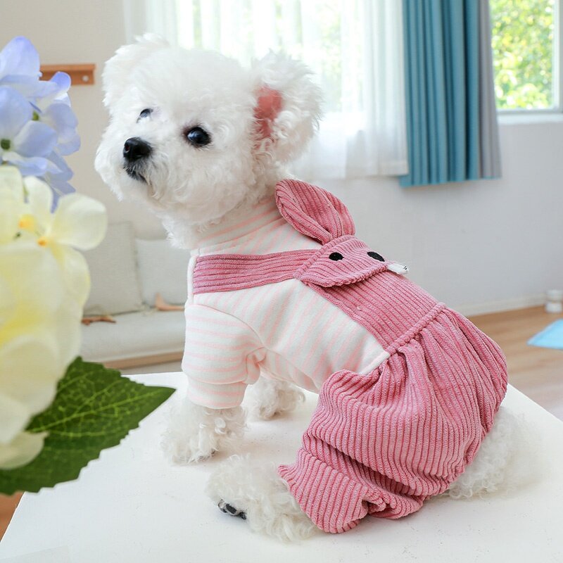 Dog Clothes Manufacturer - OEM/ODM Cute Pink Rabbit Plaid Striped Jumpsuit