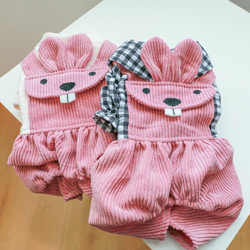 Dog Clothes Manufacturer - OEM/ODM Cute Pink Rabbit Plaid Striped Jumpsuit