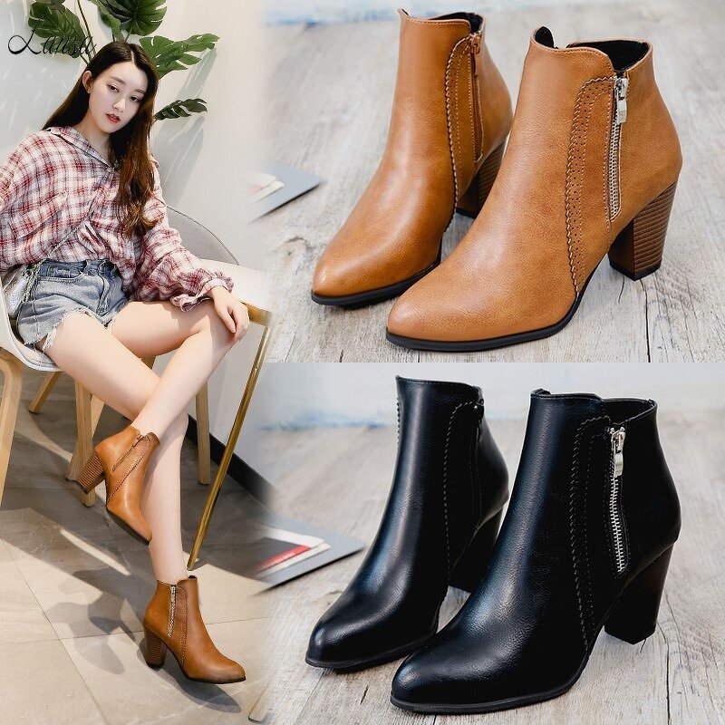 Ankle Boots Manufacturer - OEM/ODM PU Leather Point Toe Chunky Heel