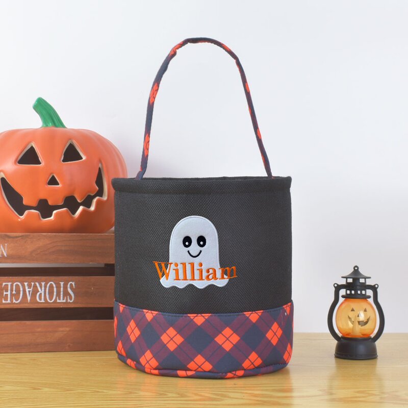 Halloween Bucket Factory - OEM/ODM Orange Black Plaid Ghost Embroidery Bucket