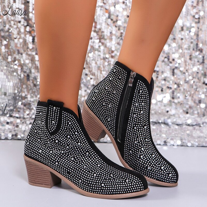 Ankle Boots Manufacturer - OEM/ODM Bling Rhinestones PU Leather Chunky Heels