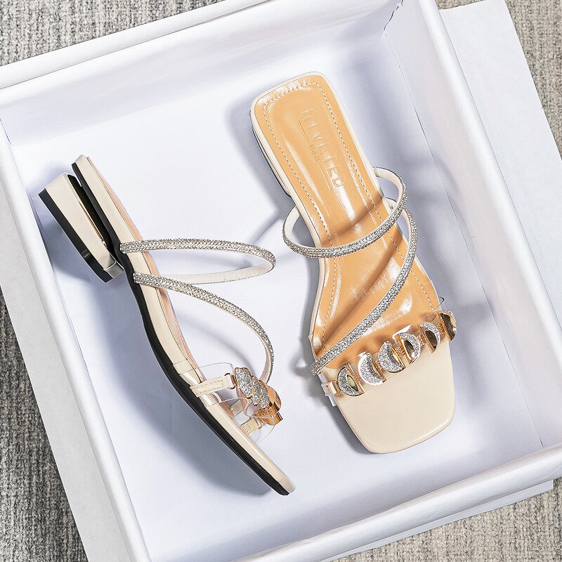 Slipper Sandals Manufacturer - OEM/ODM Low Heel Diamond Beaded Open Toe