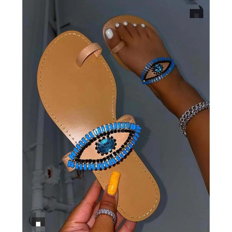 Slipper Sandals Manufacturer - OEM/ODM Beaded Blue Devil Eye Glitter Cross Strap