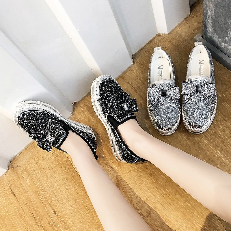 Loafers Factory - OEM/ODM Glitter Sequined Bow Tie Platform Walking Shoes