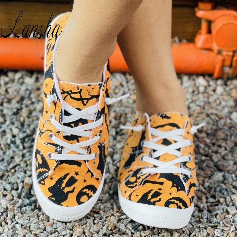 Canvas Sneakers Manufacturer - OEM/ODM Halloween Pumpkin Bat Print Flat Shoes